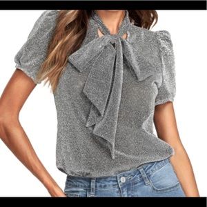 SHEIN Women Silver Tie Neck Puff Sleeve Top